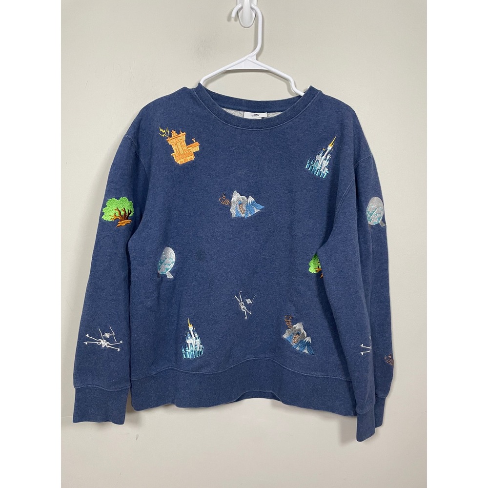 Disney Parks Embroidered Icons Fleece Sweatshirt Size Medium